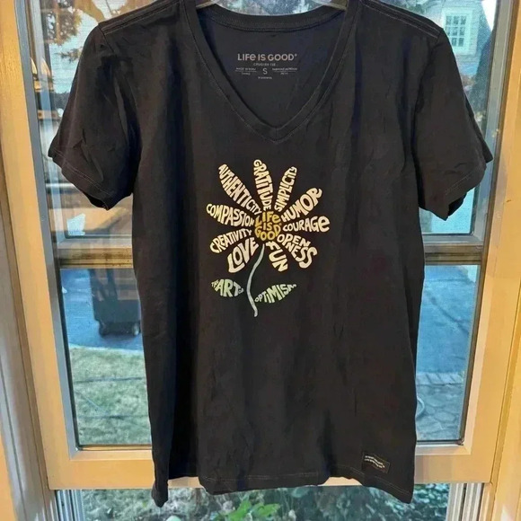 Life is Good V Neck Crusher Navy Flower Art of Optimism Short Sleeve Tee Sz S - Picture 8 of 8